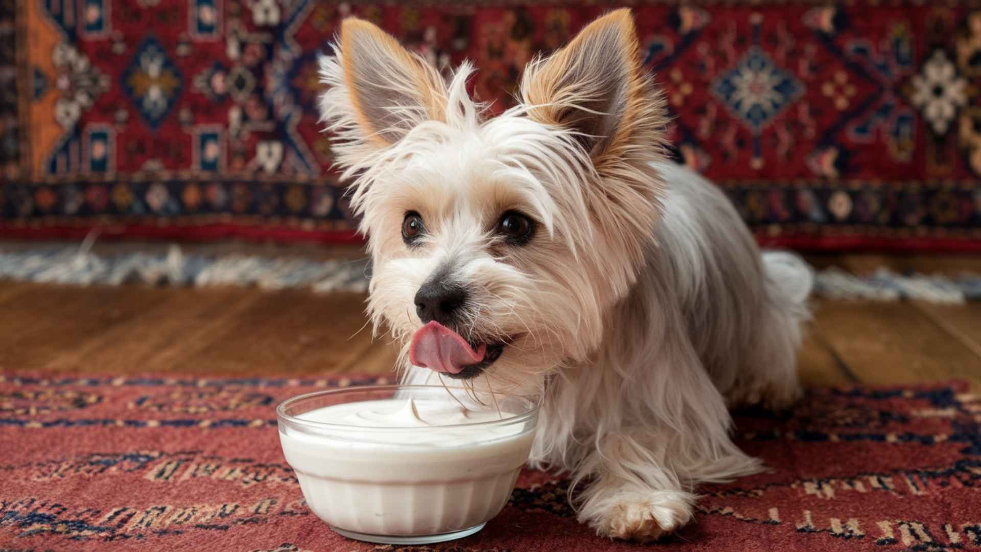 perrito comiendo yogurt de un bowl 